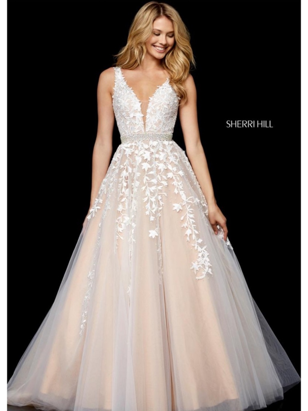 000Style 11335 Sherri Hill Blush and White Lace A-Line Evening/Wedding/Pagaent